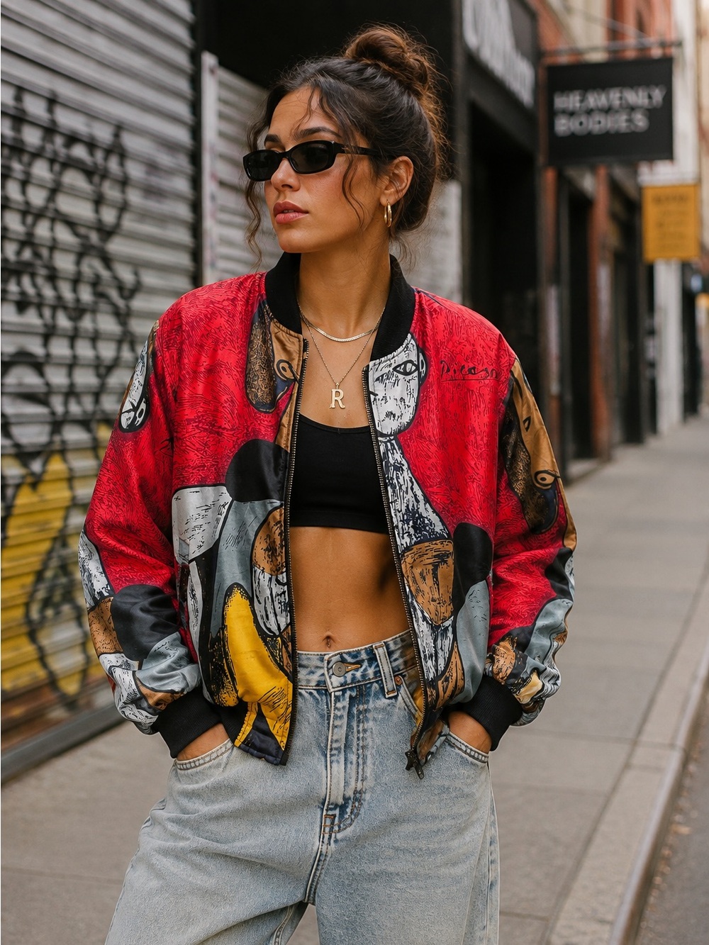 Y2K 90’s Vintage Satin Picasso Graffiti Print Bomber Jacket Streetwear Oversized